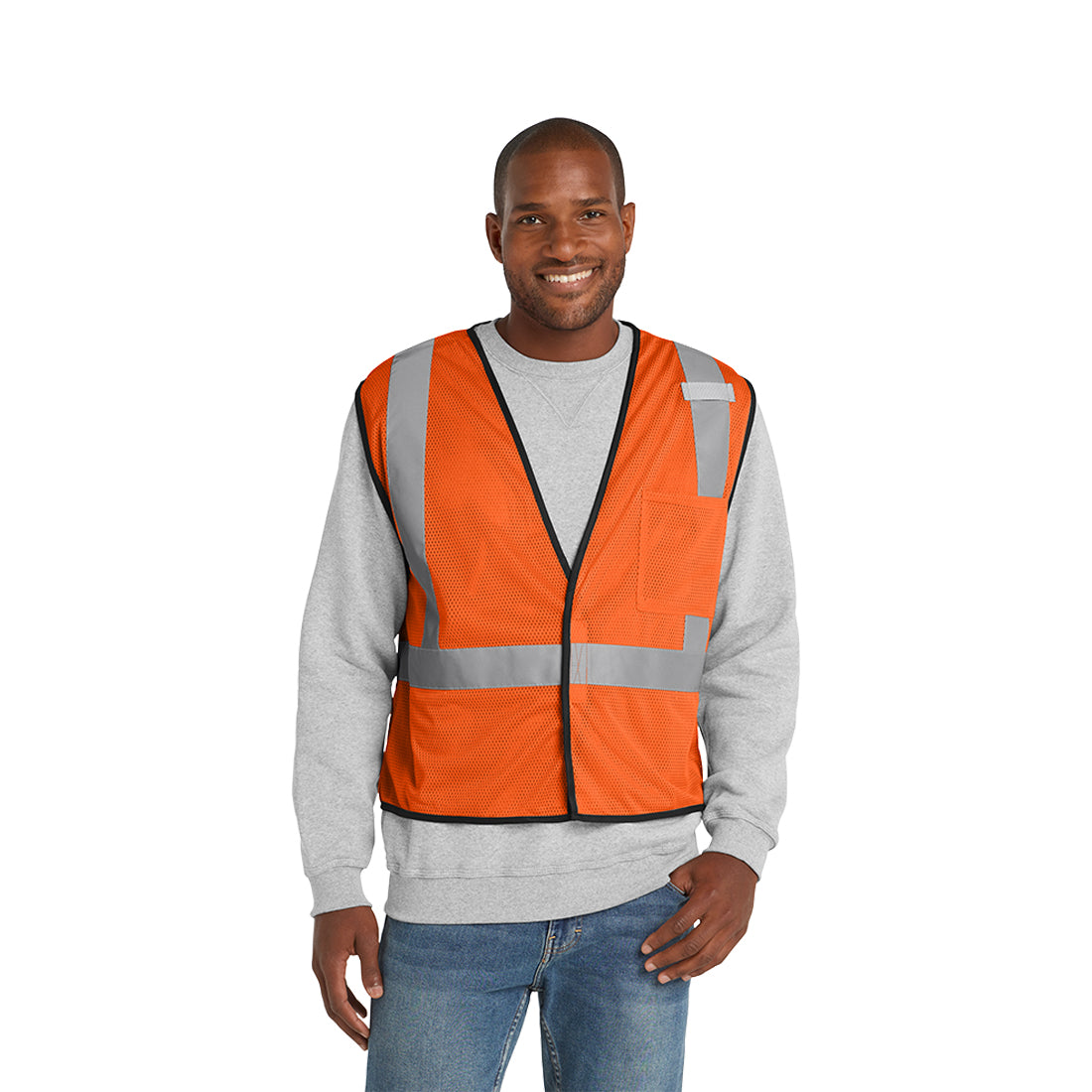 Man wearing an orange safety vest with reflective stripes on a white background