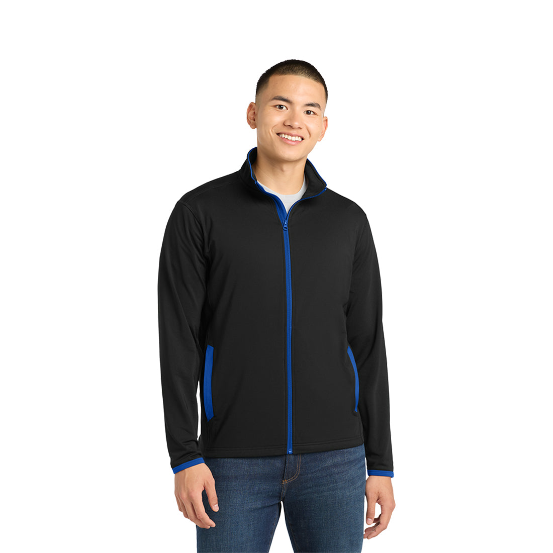 Man wearing a black jacket with blue accents on a white background