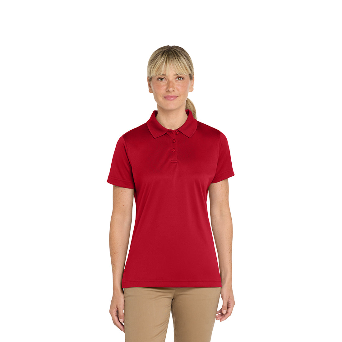 Woman wearing a red polo on a white background