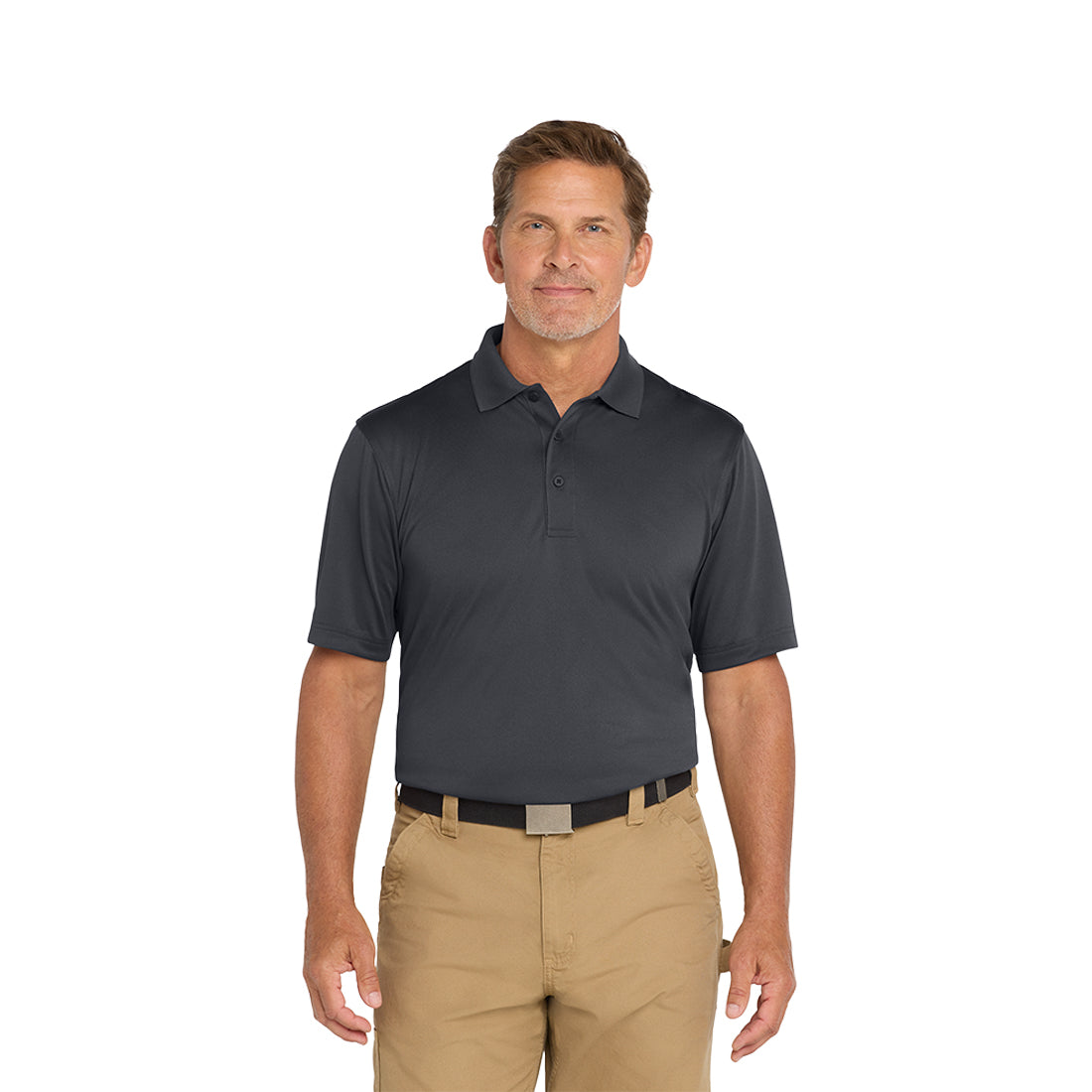 Man wearing a dark gray polo shirt and beige pants on a white background