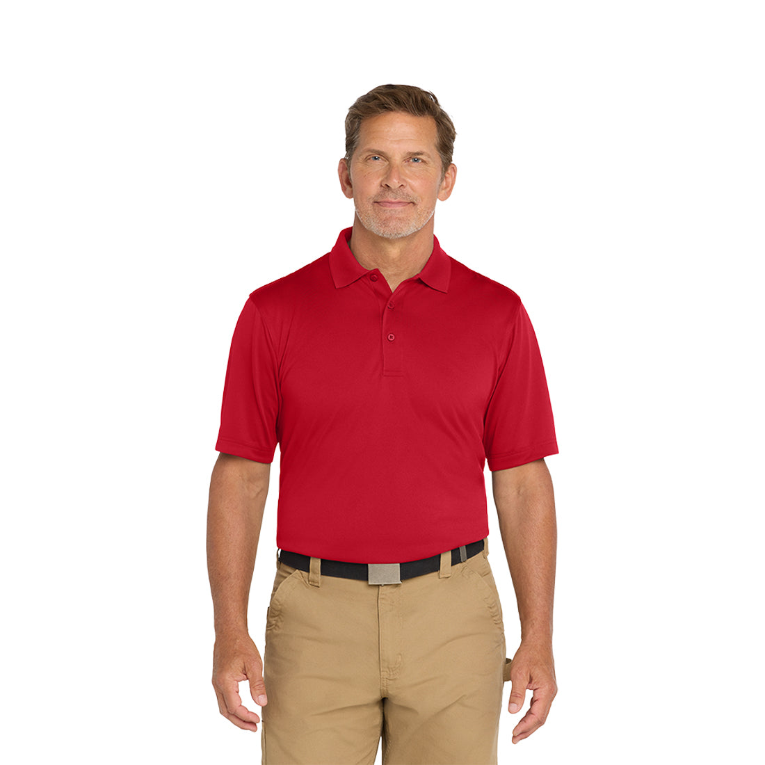 Man wearing a red polo shirt and beige pants on a white background