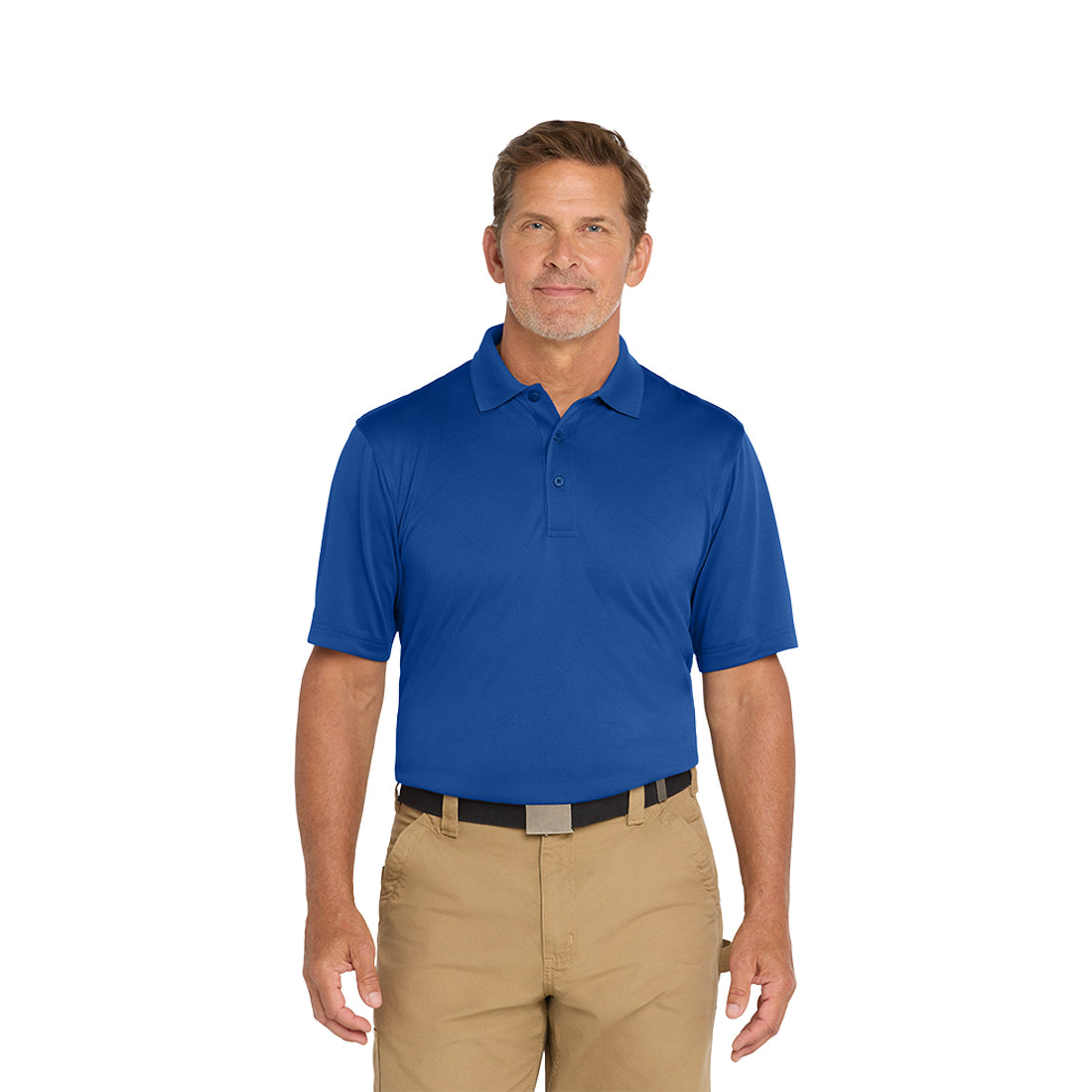 Man wearing a blue polo shirt and beige pants on a white background