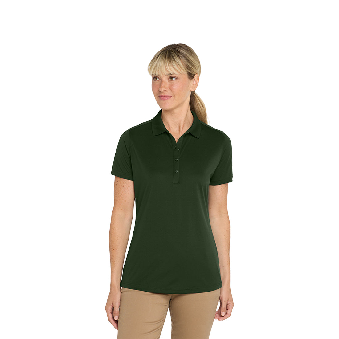 Woman wearing a green polo shirt on a white background