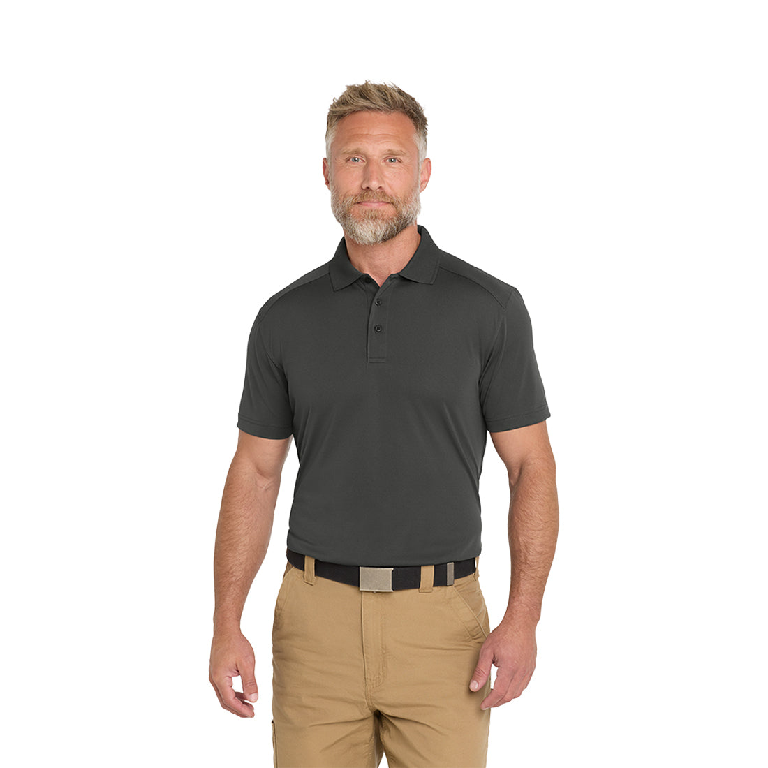 Man wearing a dark gray polo shirt and beige pants on a white background