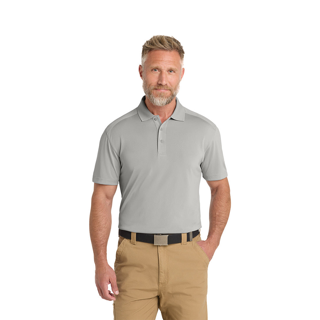 Man wearing a light gray polo shirt and beige pants on a white background