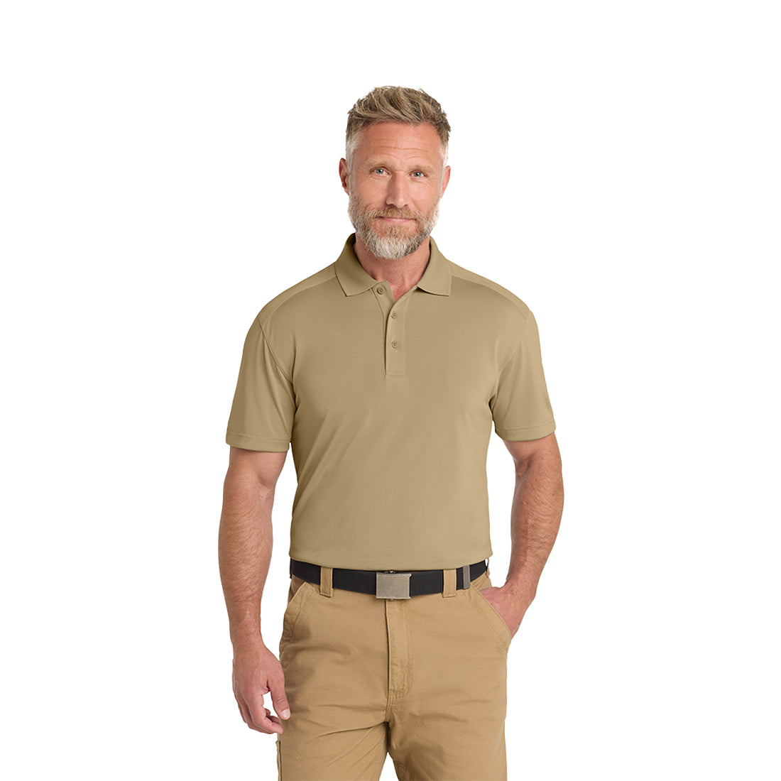 Man wearing a tan polo shirt and pants on a white background