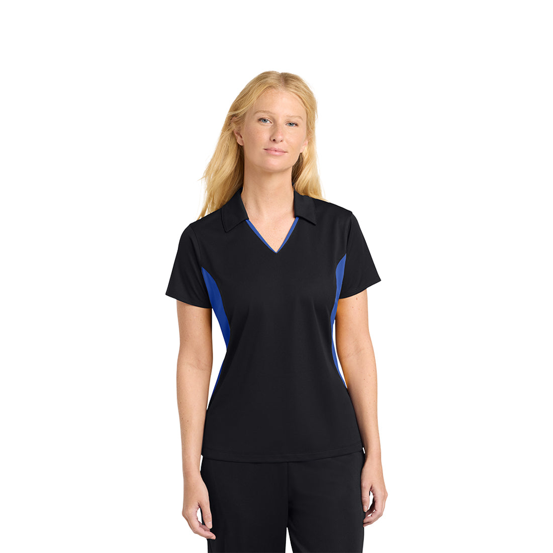 Woman wearing a black and blue polo shirt on a white background