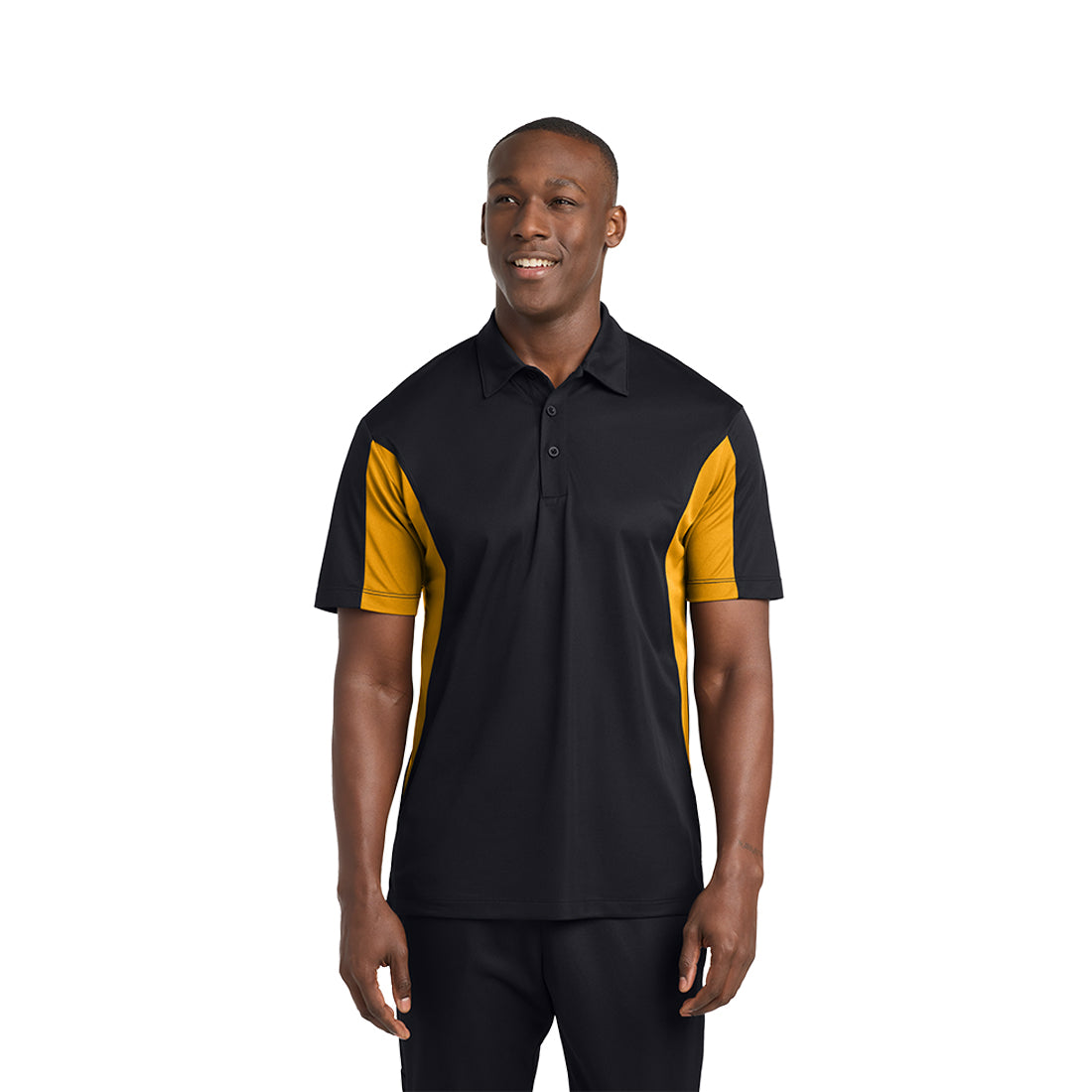 Man wearing a black and gold polo shirt on a white background
