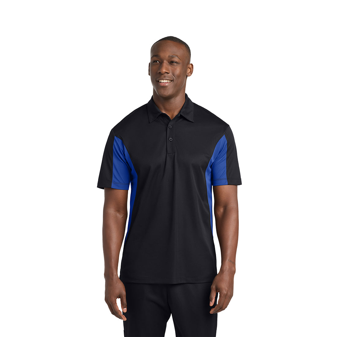 Man wearing a black polo shirt with blue accents on a white background