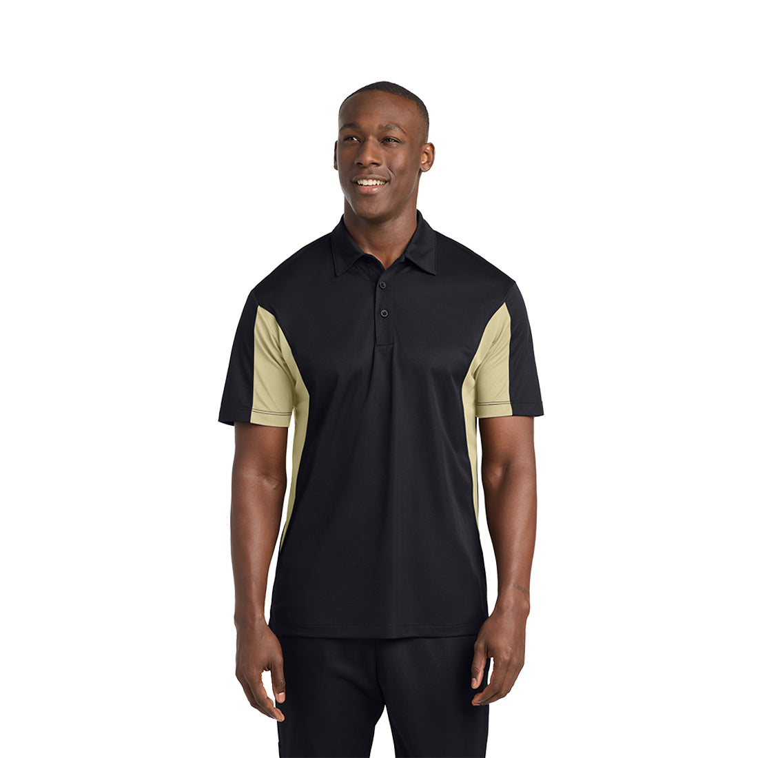 Man wearing a black and beige polo shirt on a white background