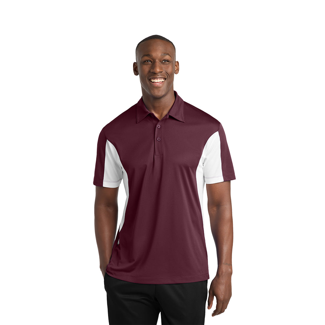 Man wearing a maroon and white polo shirt on a white background