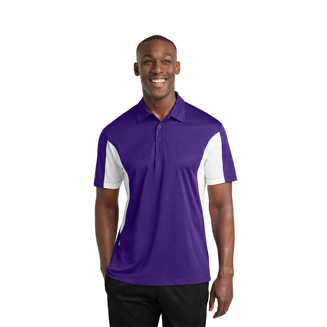 Man wearing a purple and white polo shirt on a white background