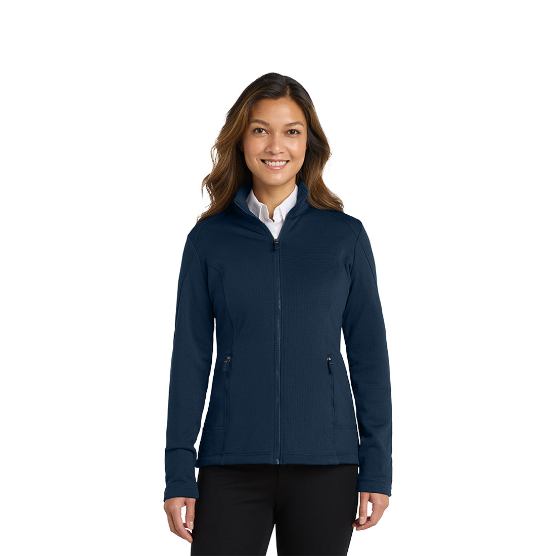 Woman wearing a blue zip up jacket on a white background