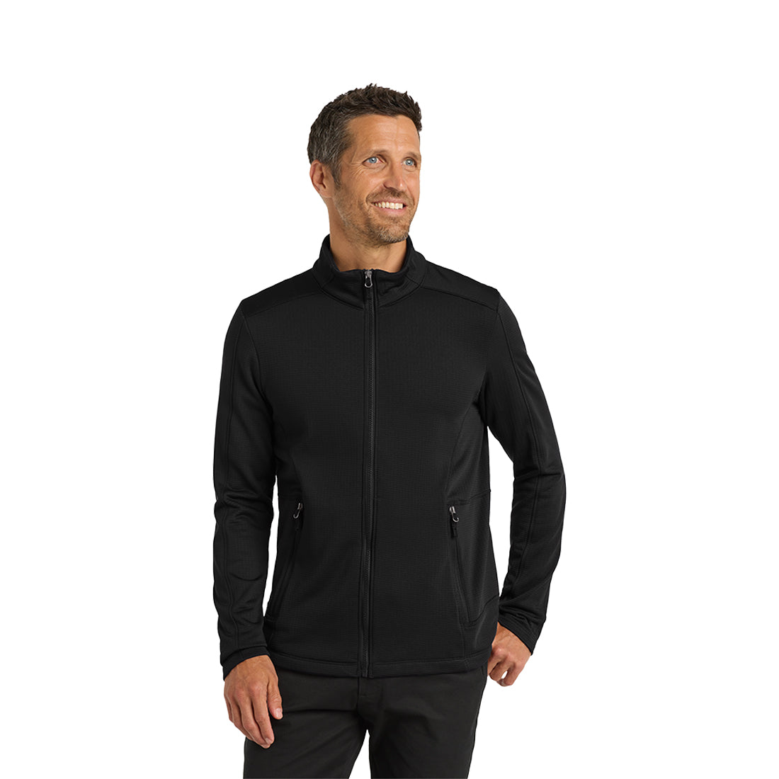 Man wearing a black zip up on a white background