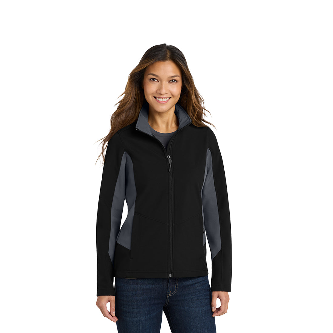 Woman wearing a black and gray jacket on a white background