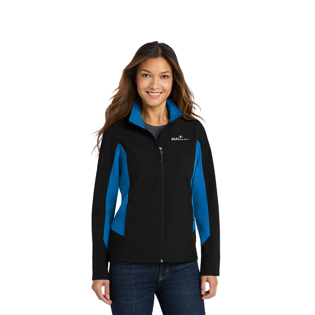 Woman wearing a black and blue jacket with a visible brand logo on a white background