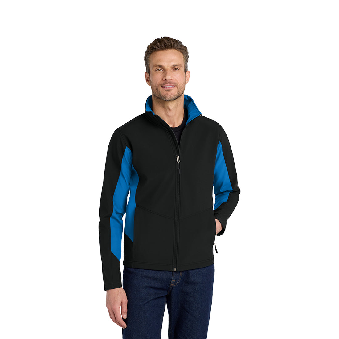 Man wearing a black jacket with blue accents on a white background