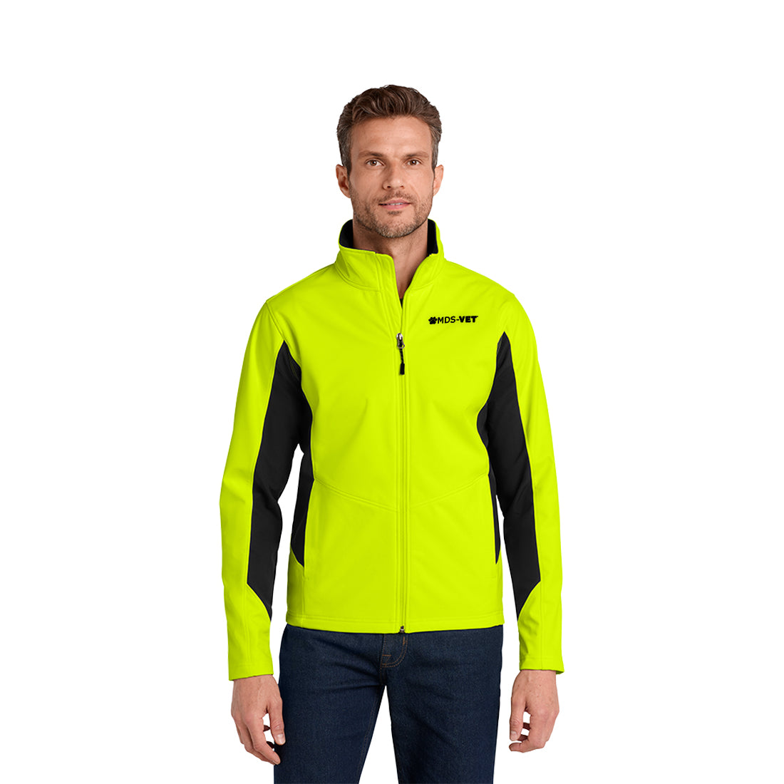 Man wearing a bright yellow and black jacket on a white background