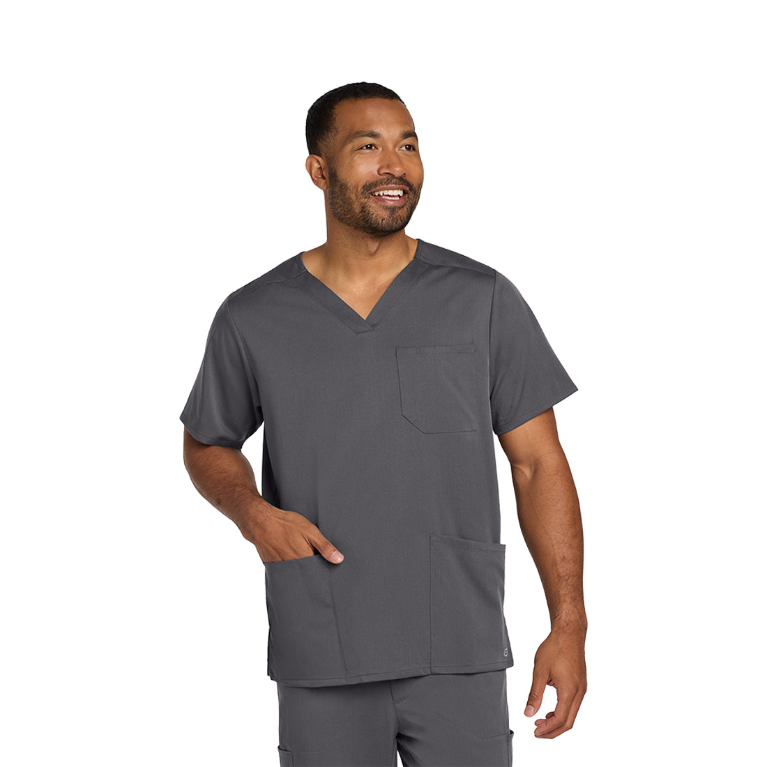 Man wearing gray medical scrubs on a white background
