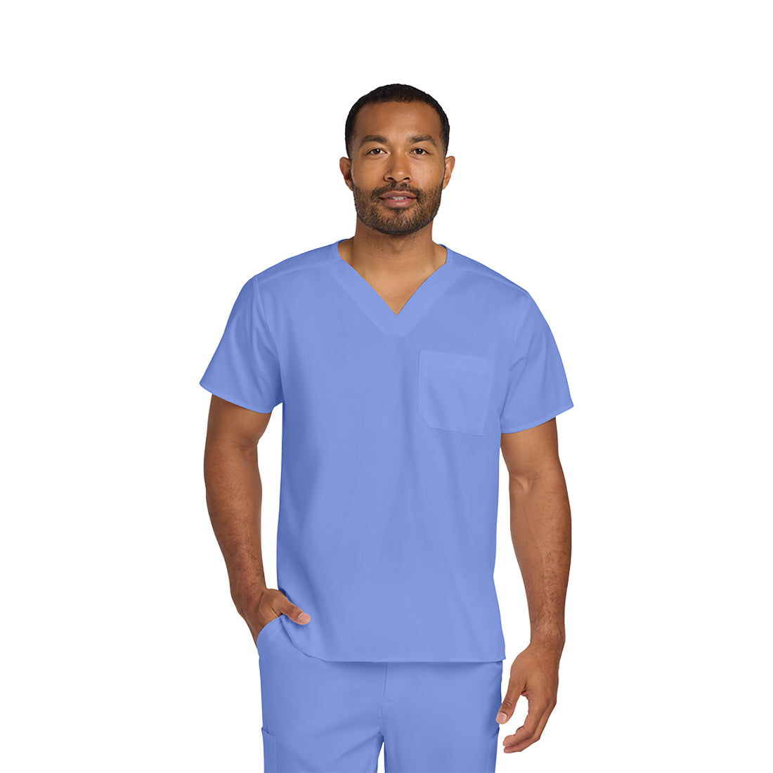 Man wearing a light blue scrub set on a white background