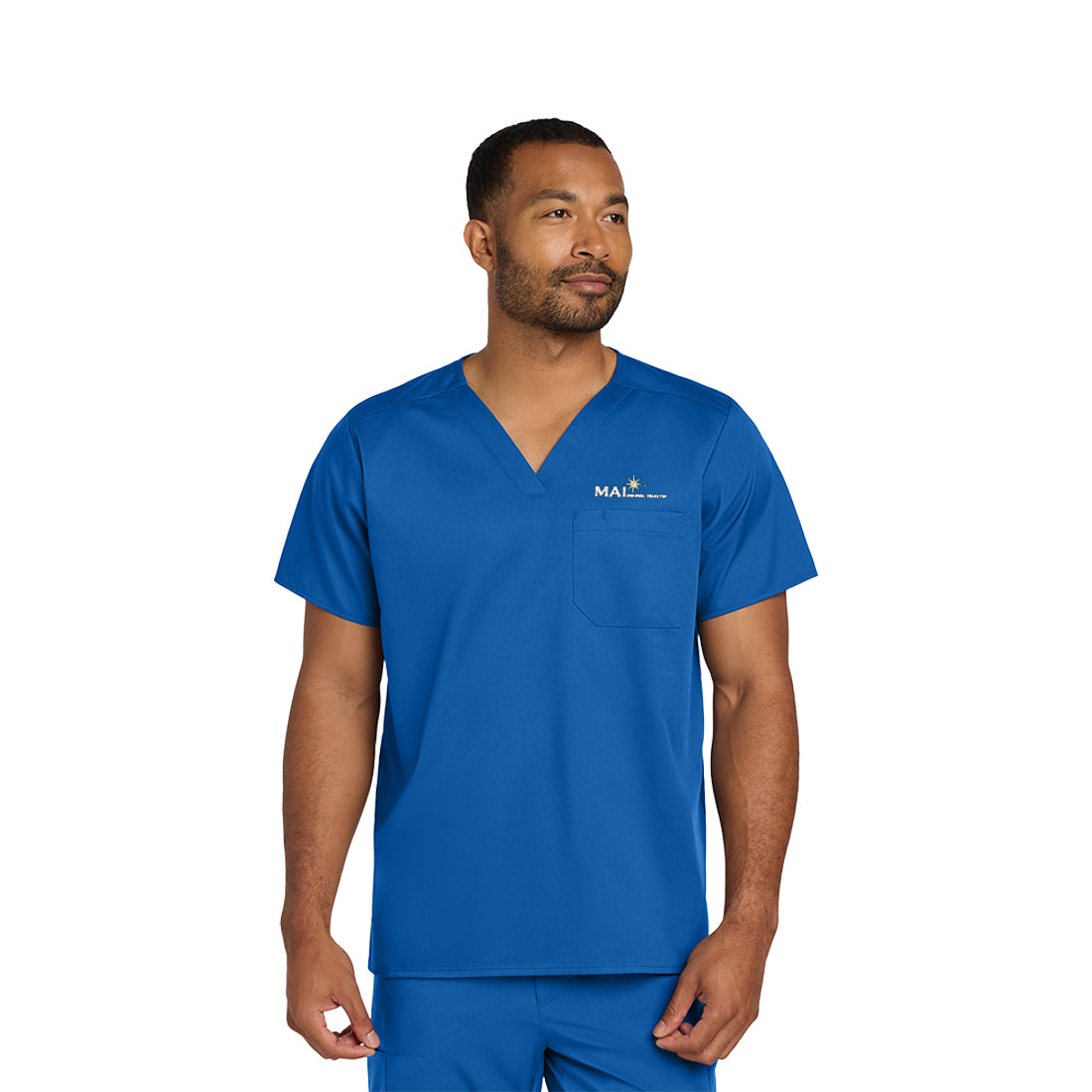 Man wearing a blue scrub set on a white background