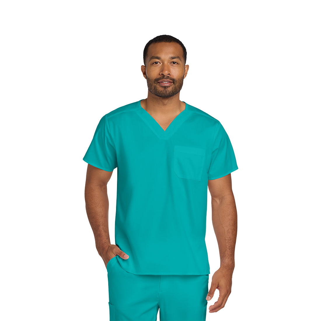 Man wearing a teal scrub set on a white background