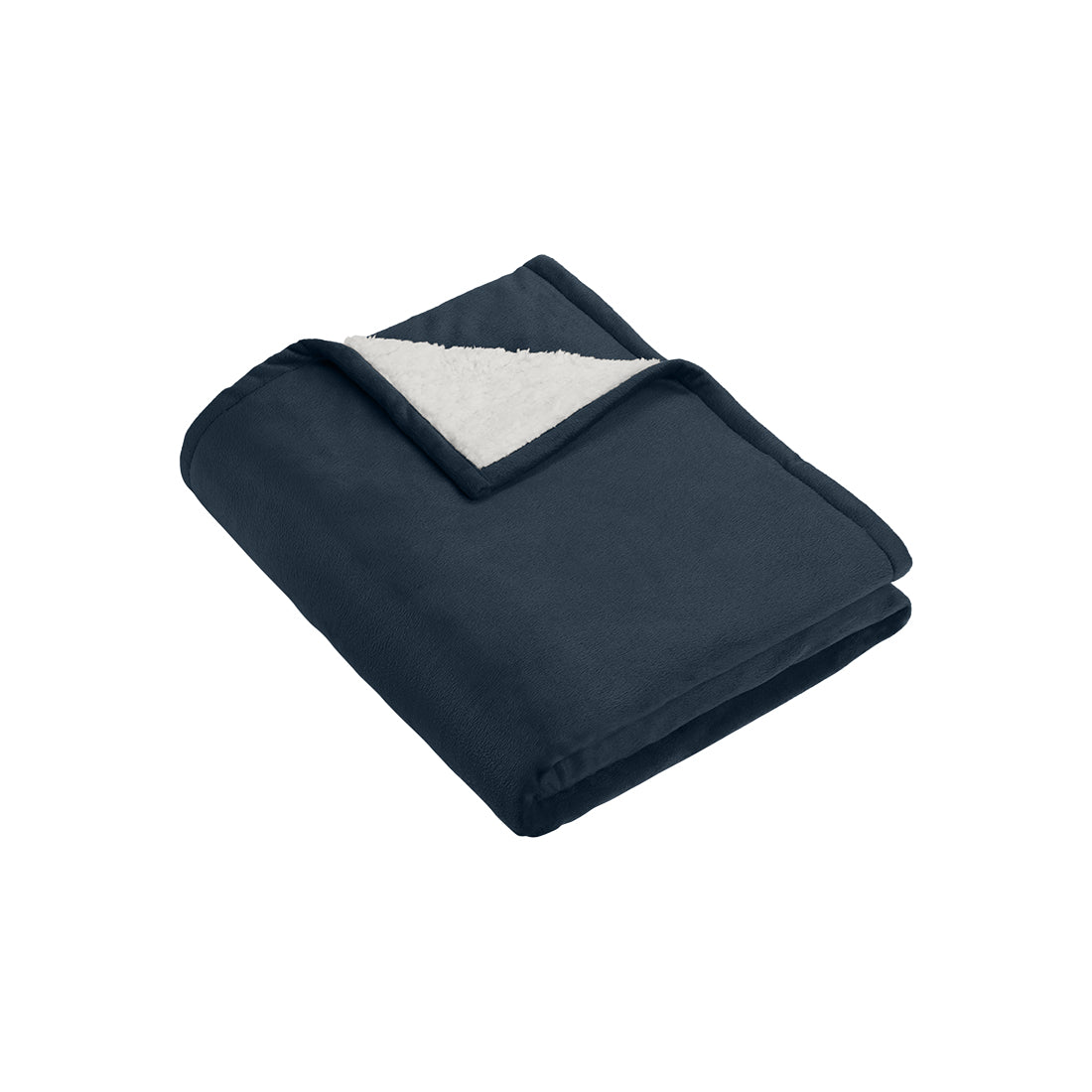 Folded navy blanket with white sherpa backing on a white background