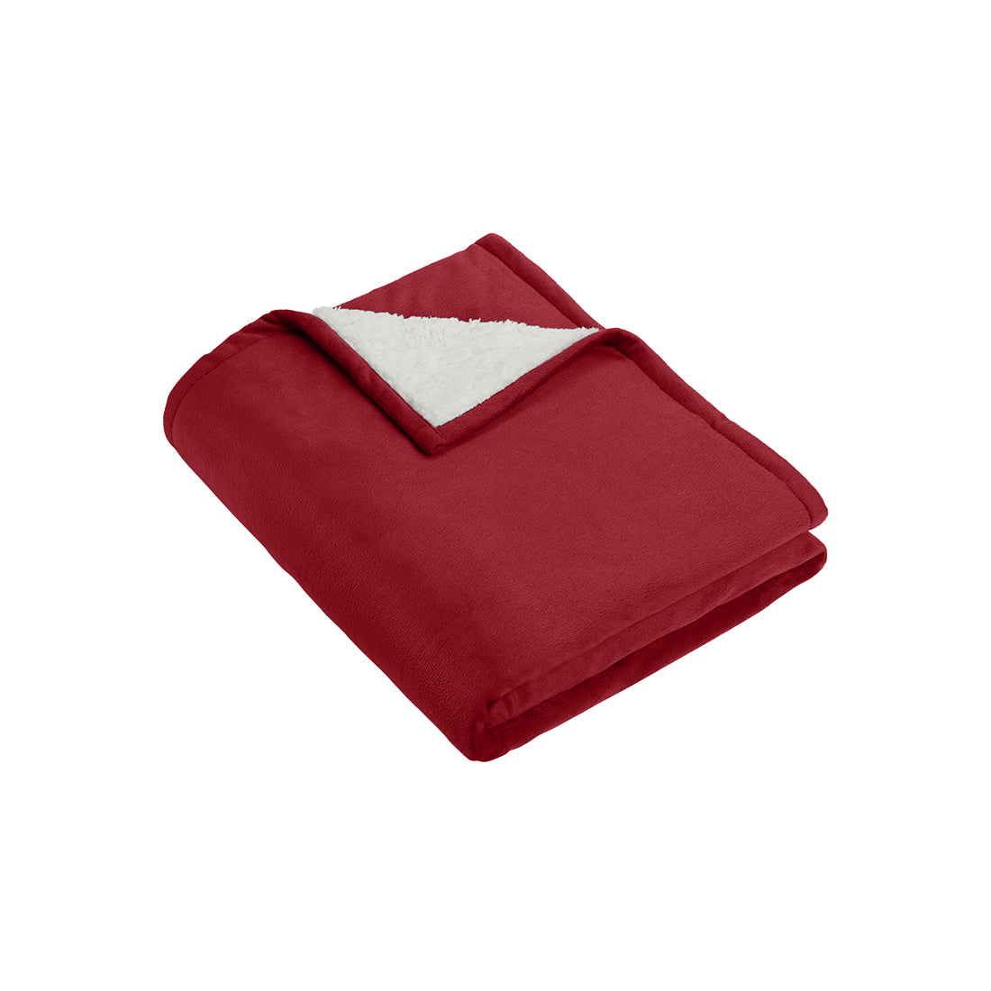 Folded red blanket with white sherpa backing on a white background