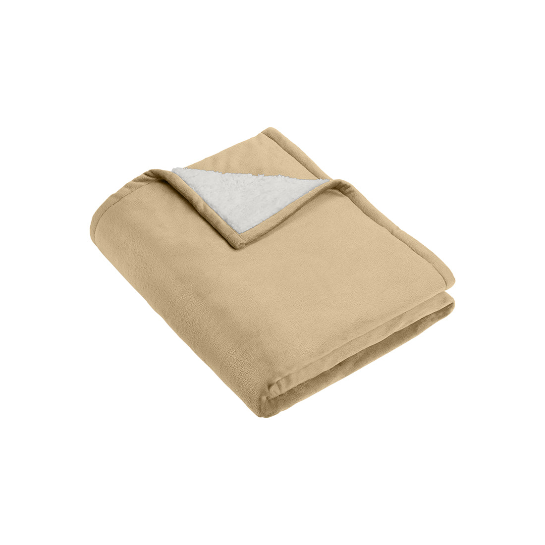 Folded beige blanket with white sherpa backing on a white background