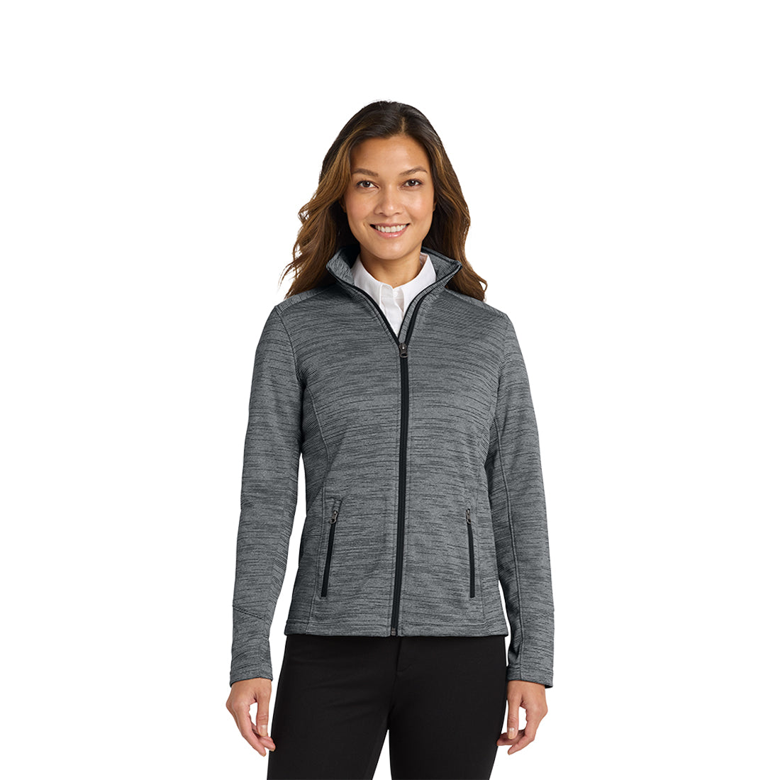 Woman wearing a marbled black jacket on a white background