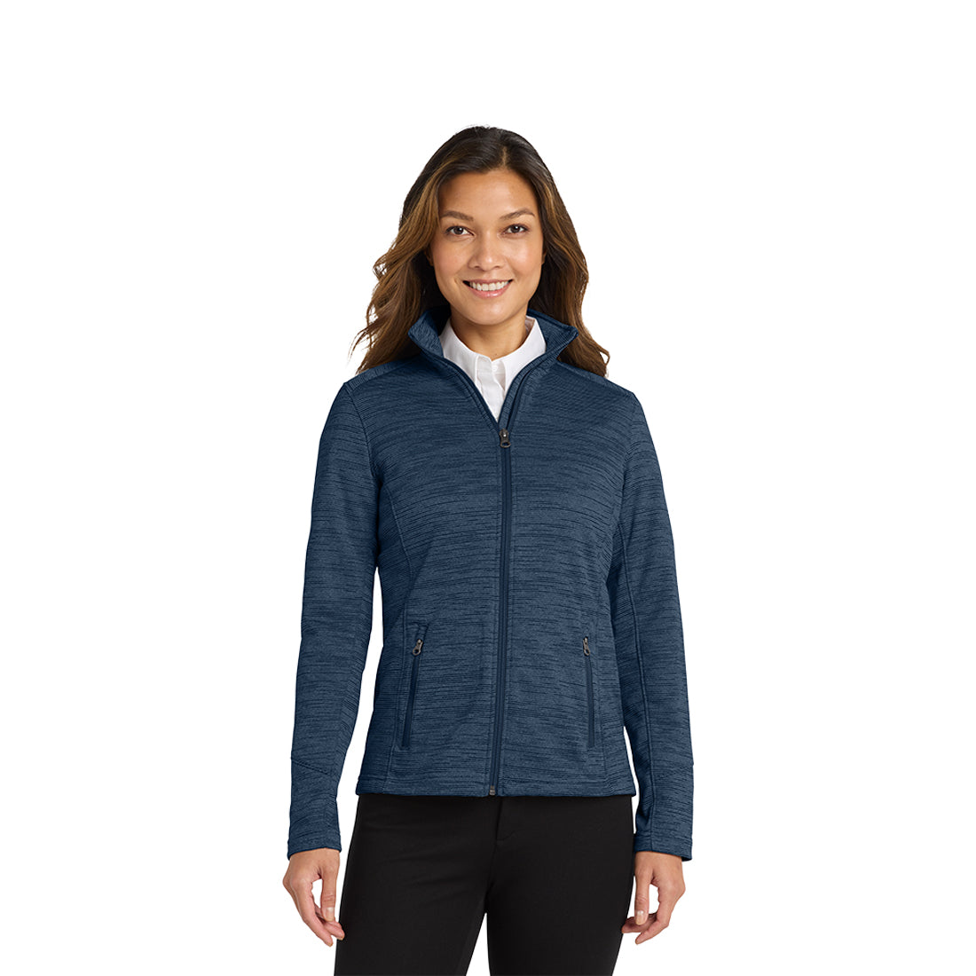 Woman wearing a blue jacket on a white background