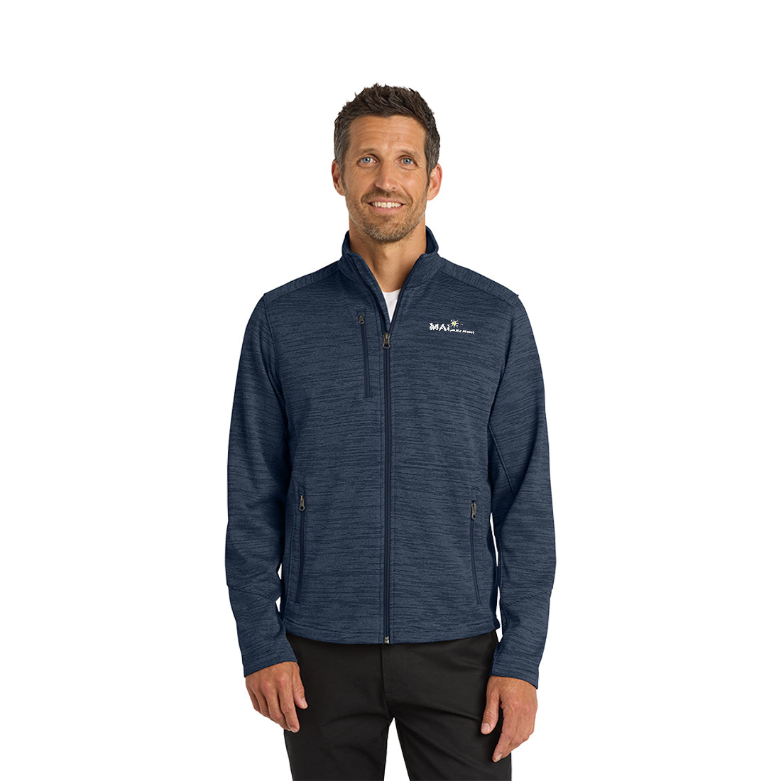 Man wearing a blue zip-up jacket on a white background