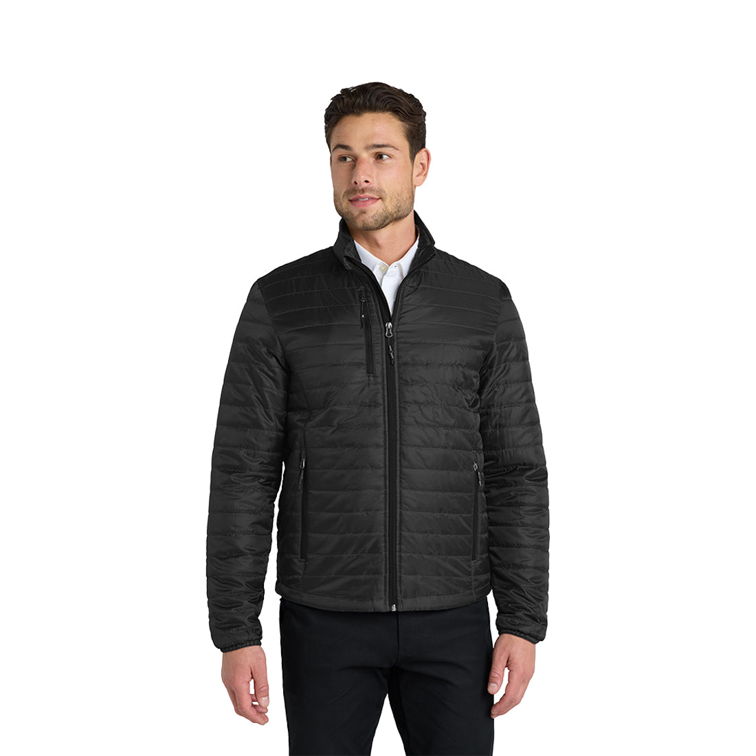 Man wearing a black jacket on a white background