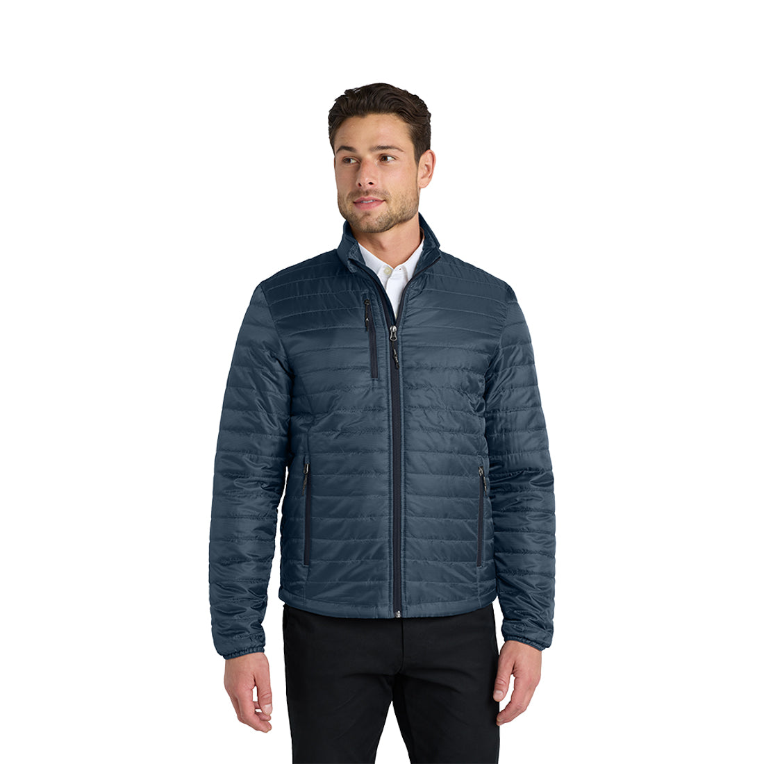 Man wearing a dark blue jacket on a white background