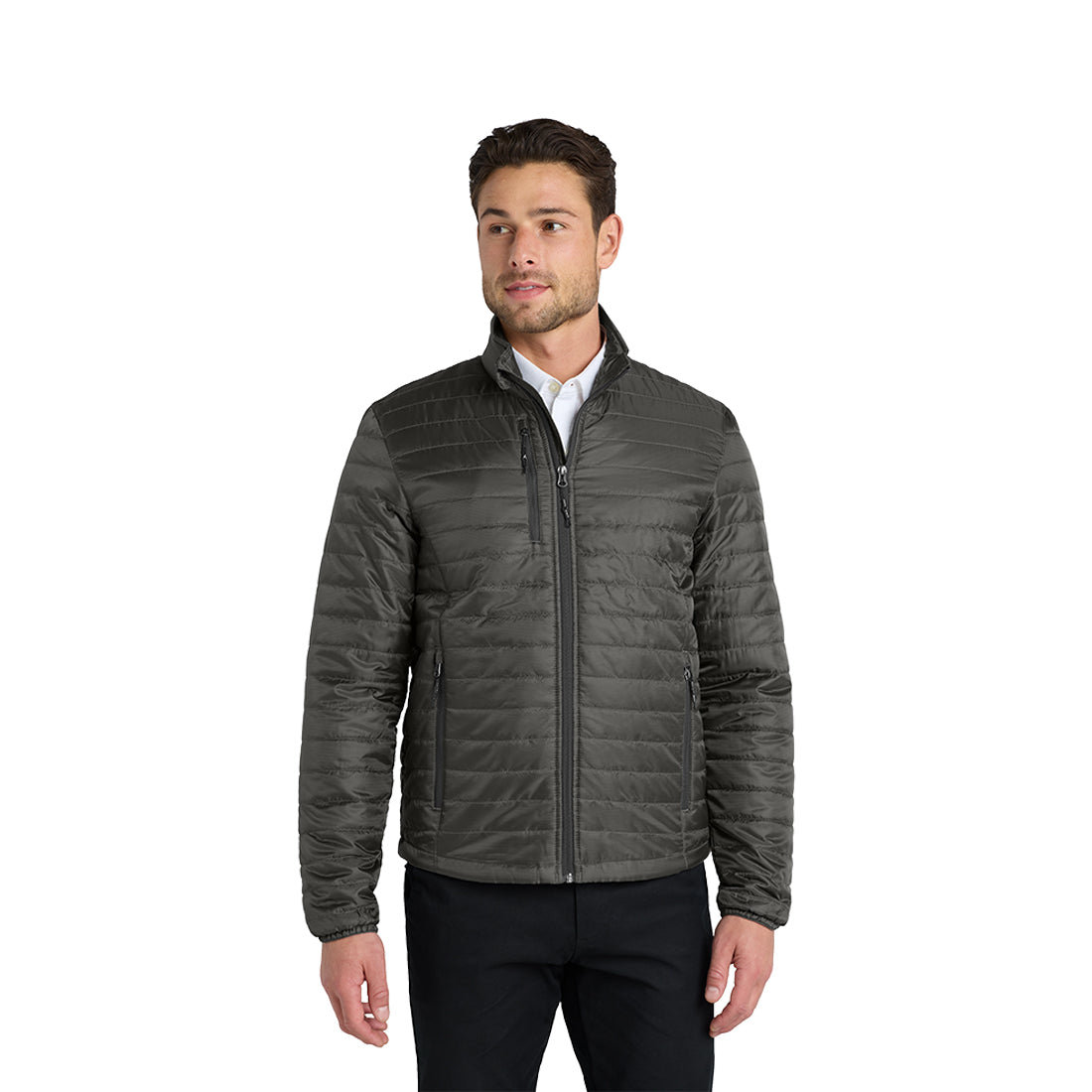 Man wearing a gray jacket on a white background