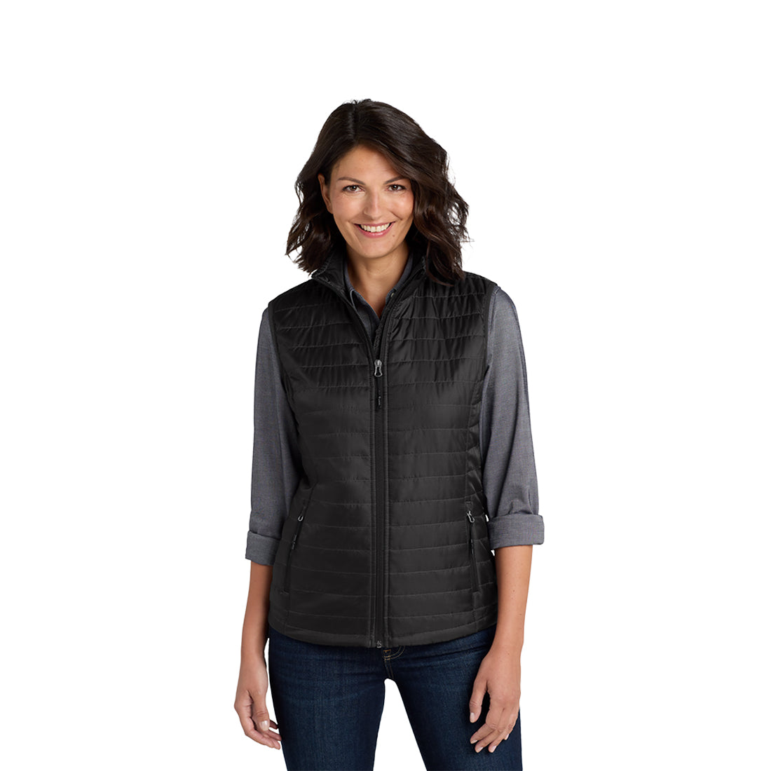 Woman wearing a black vest on a white background.