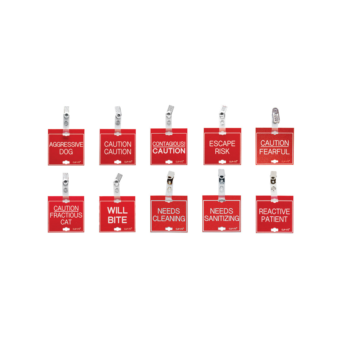 Set of red warning signs with clips on a white background