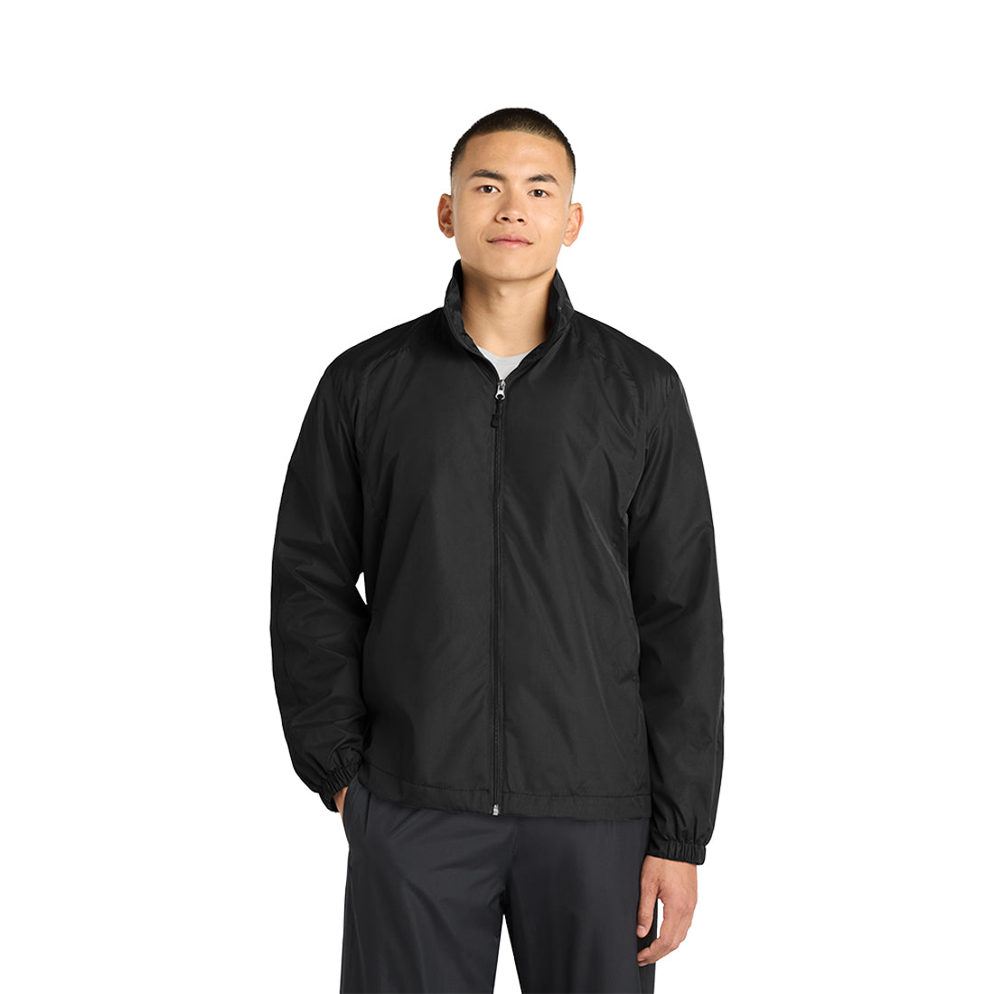 Man wearing a black jacket on a white background.