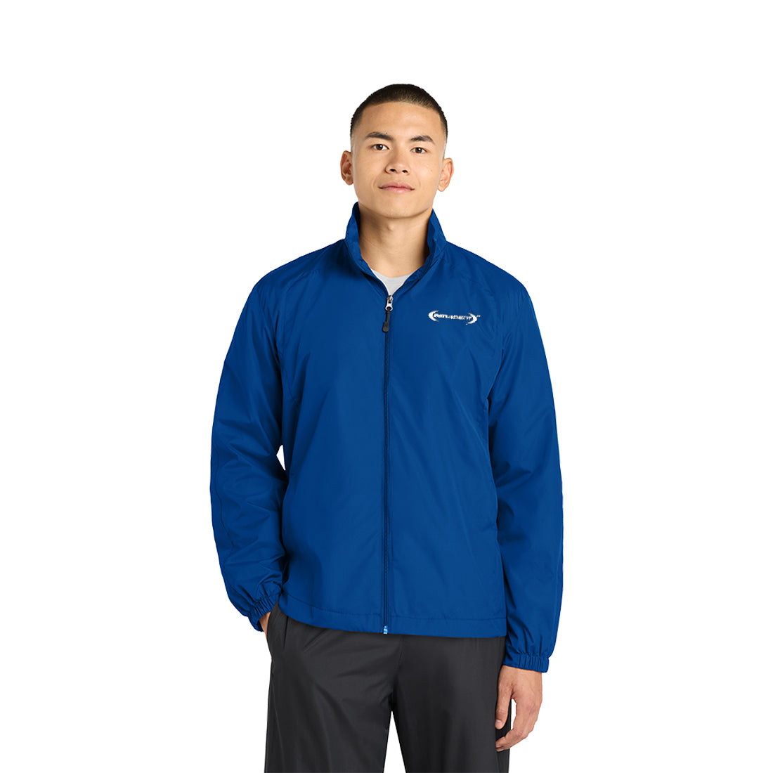 Man wearing a blue jacket on a white background