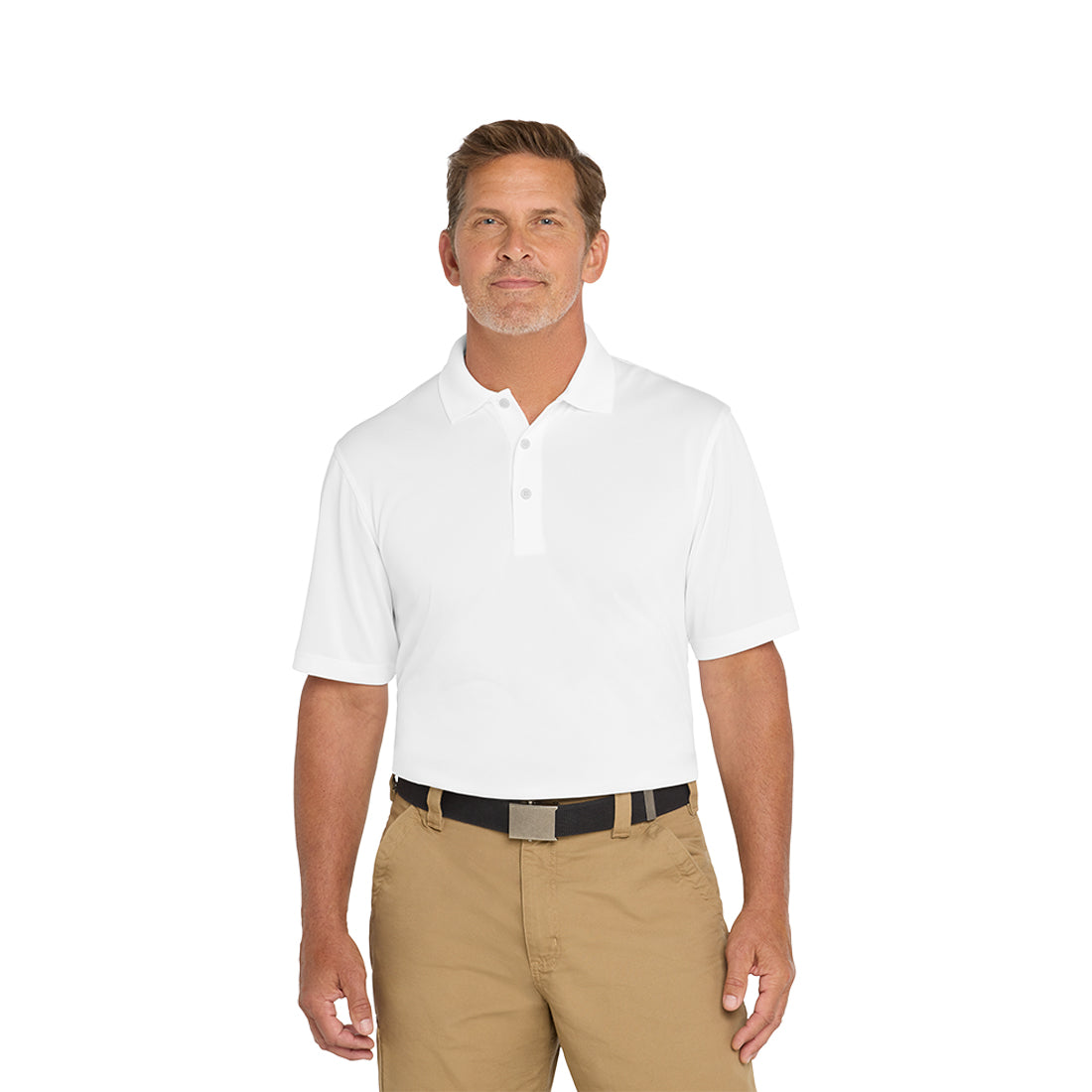 Man wearing a white polo shirt and beige pants on a white background
