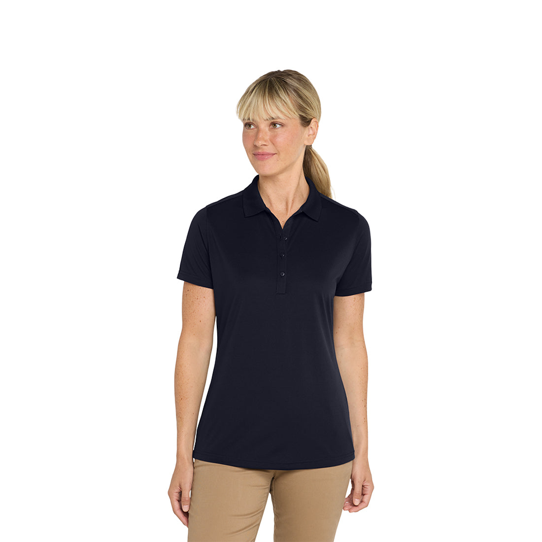 Woman wearing a navy blue polo shirt on a white background