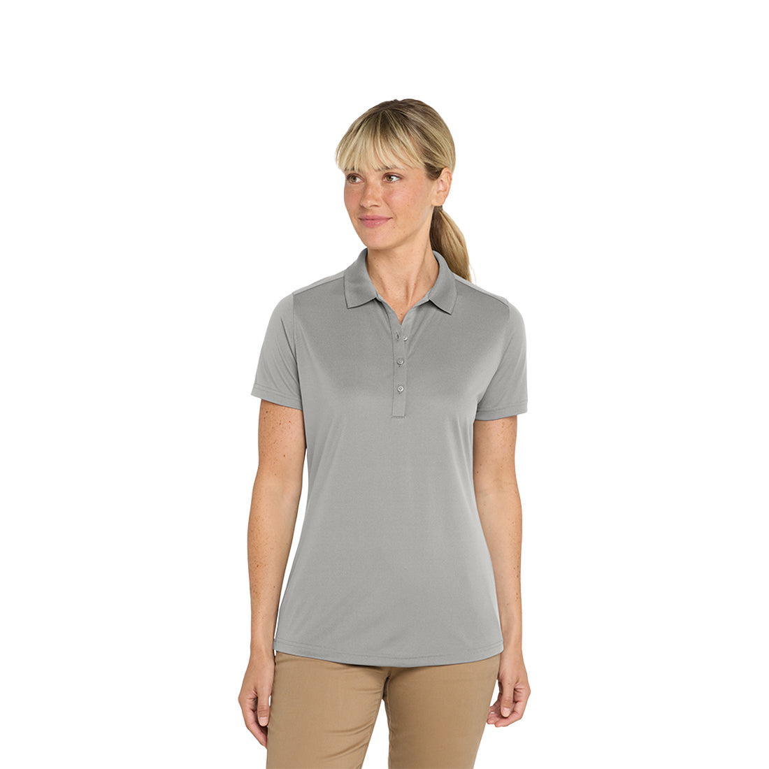 Woman wearing a light gray polo shirt on a white background
