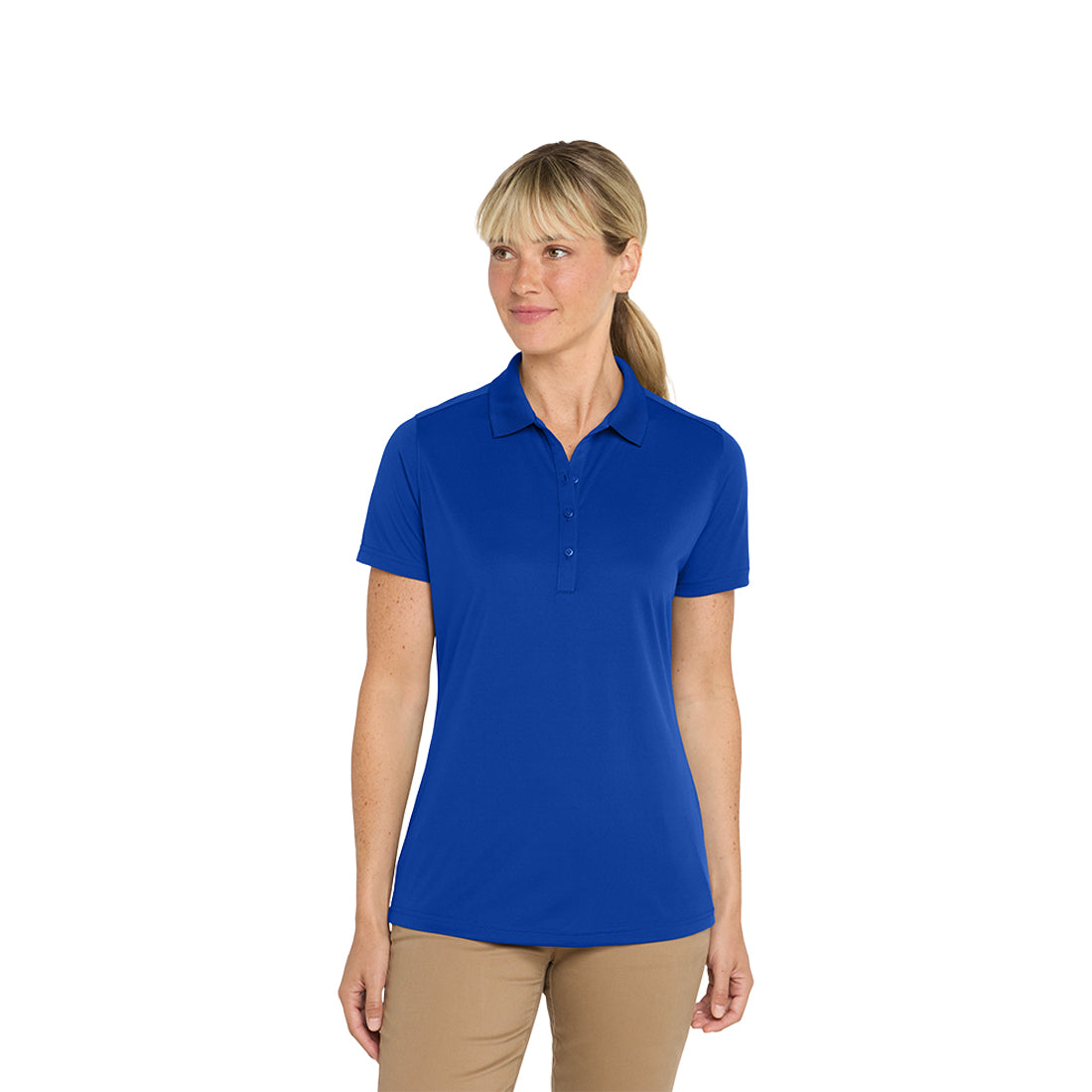 Woman wearing a blue polo shirt on a white background