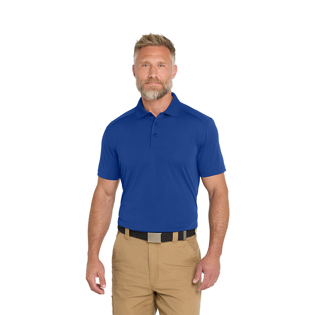 Man wearing a blue polo shirt and beige pants on a white background