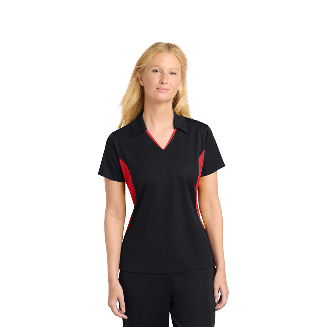 Woman wearing a black and red polo shirt on a white background
