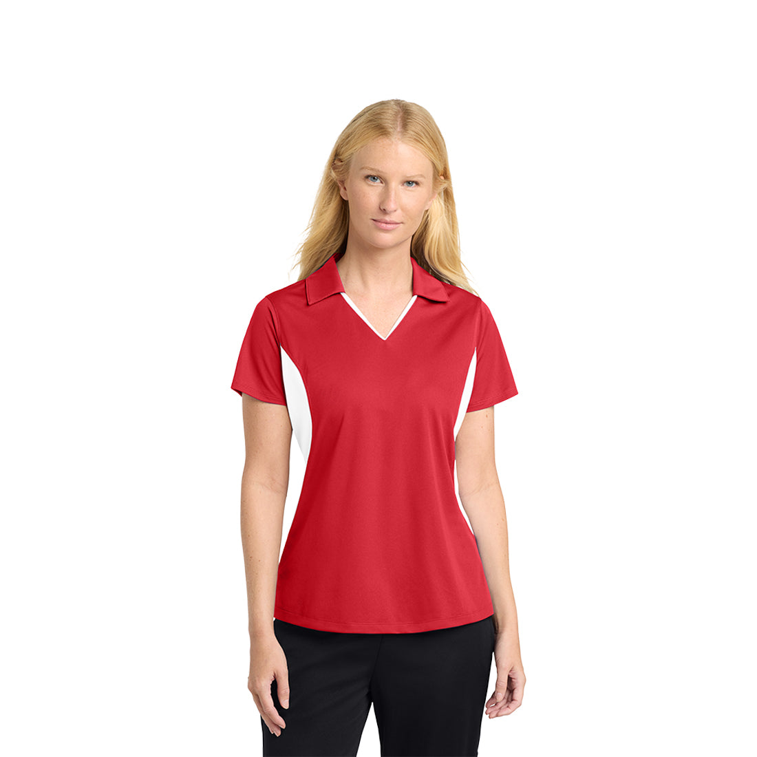 Woman wearing a red polo shirt on a white background