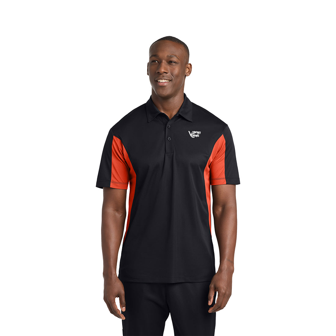 Man wearing a black polo shirt with orange accents on a white background