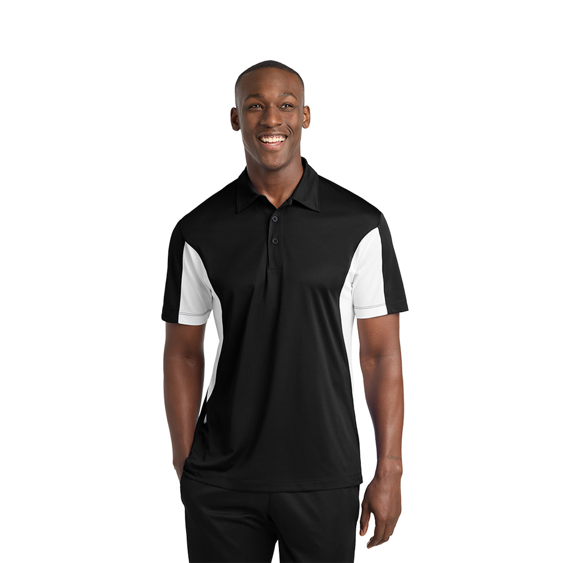 Man wearing a black and white polo shirt on a white background