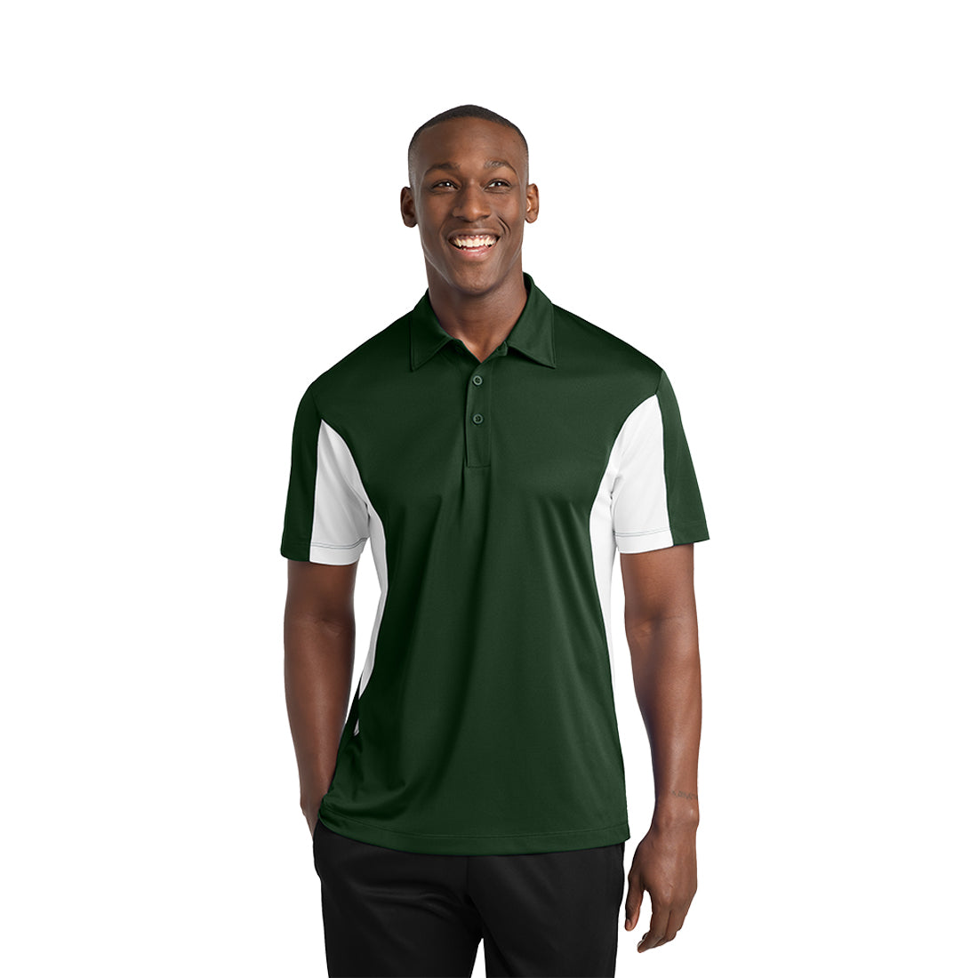 Man wearing a green and white polo shirt on a white background