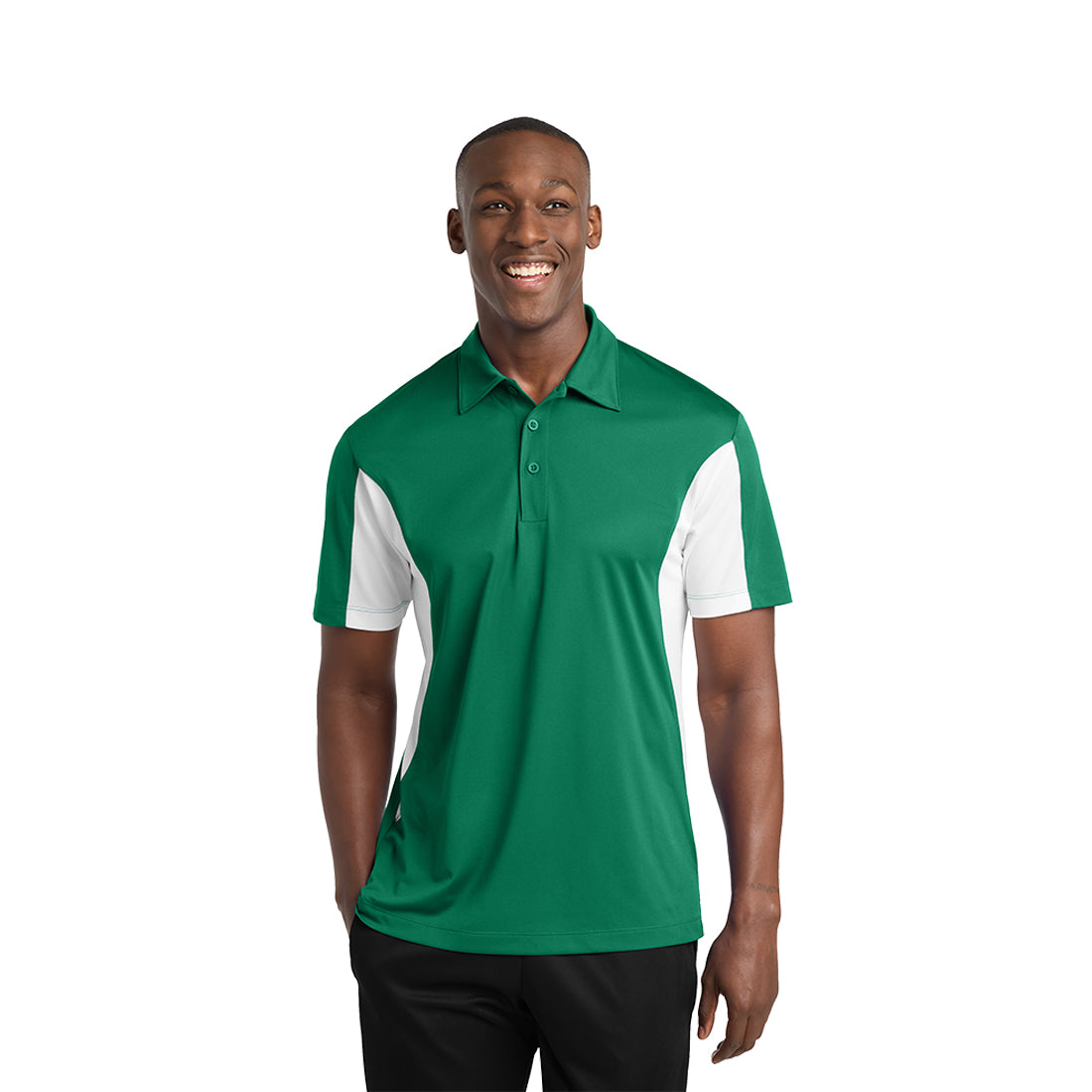 Man wearing a green and white polo shirt on a white background